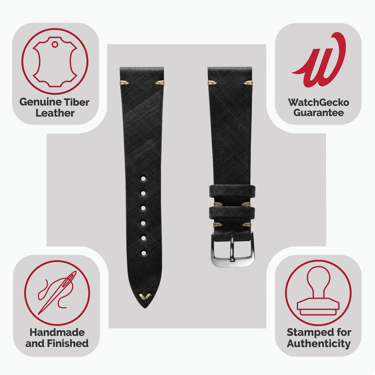 Cortez Vintage Stitching Genuine Leather Watch Strap - Black