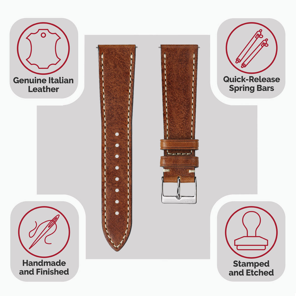 Flat Highley Genuine Leather Watch Strap - Reddish Brown