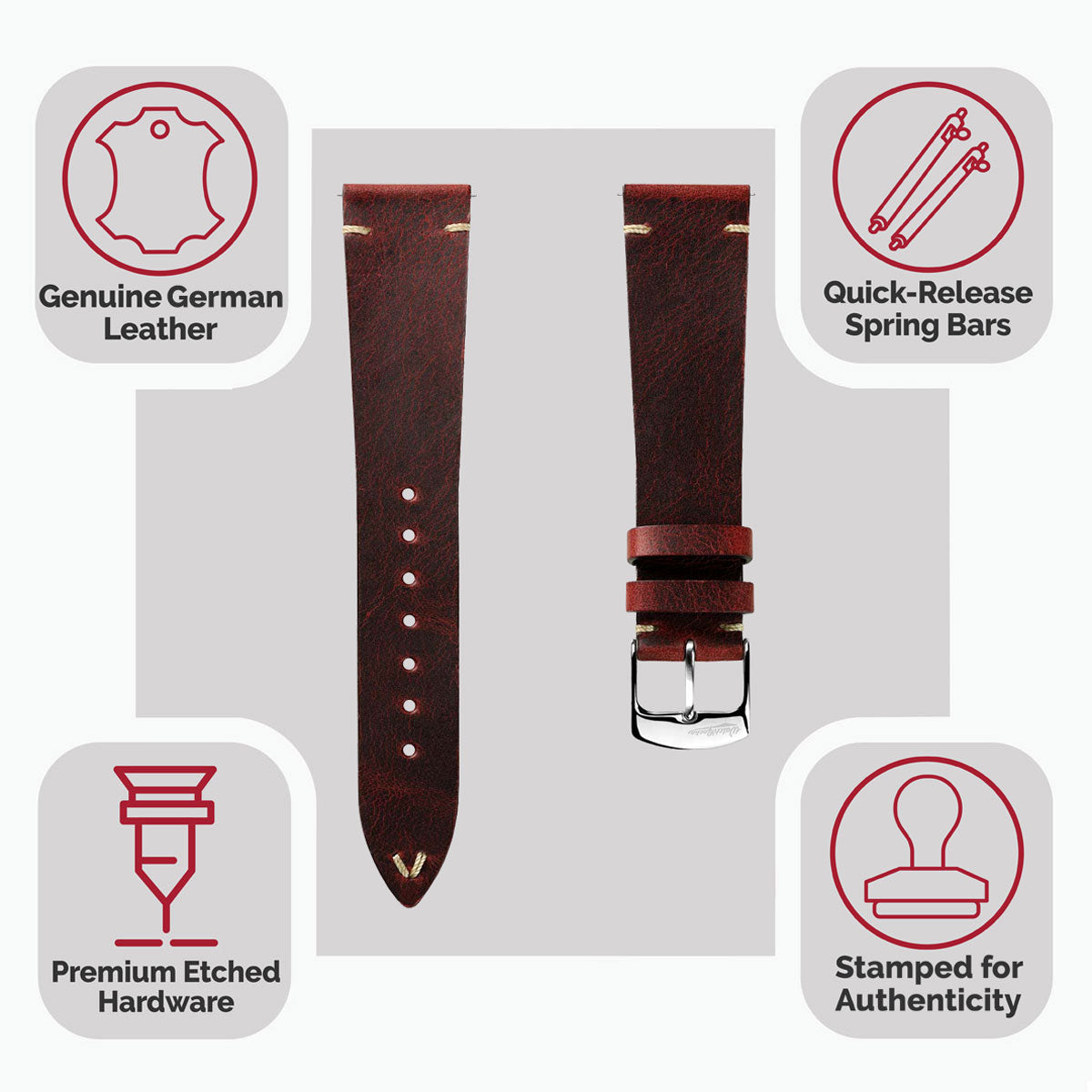 Crazy Horse V-Stitch Leather Watch Strap - Crazy Horse Bordeaux