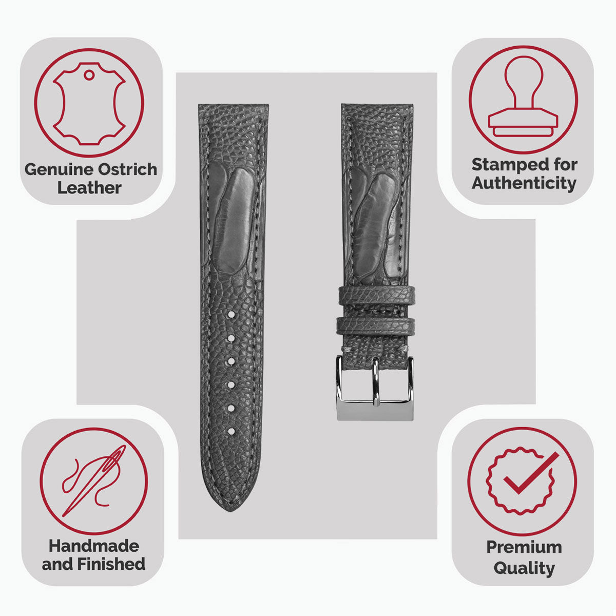 Bracelet de Montre en Cuir Artisanal pour Jambe d'Ostrich à la Main - Gris Mat