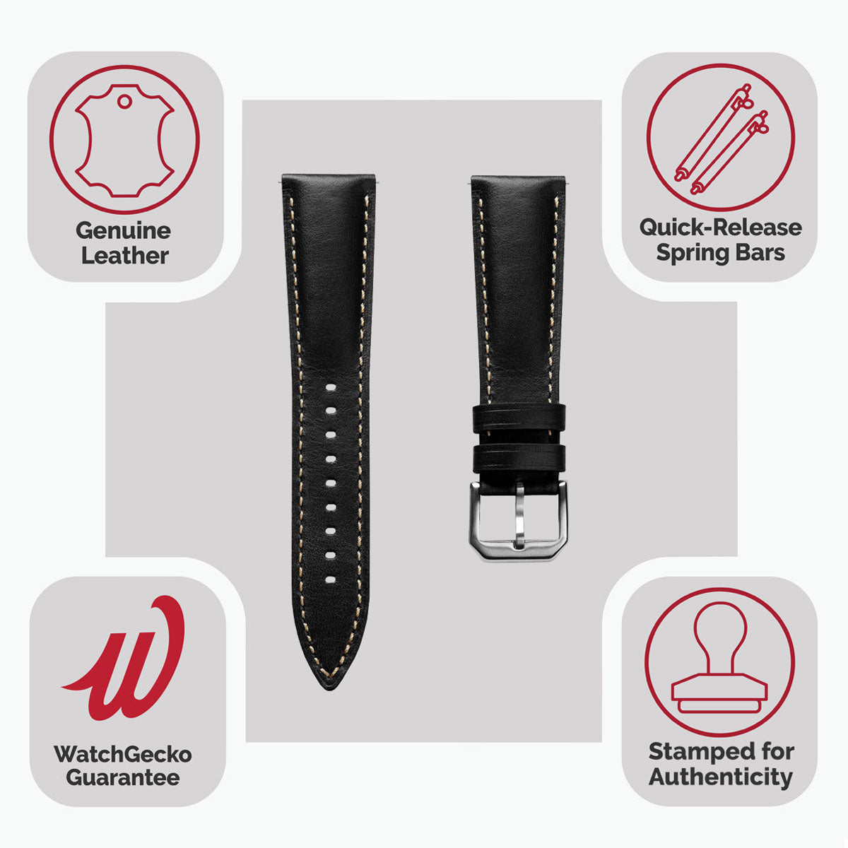 Tenby Elegance: Padded Genuine Leather Watch Strap in Timeless Black