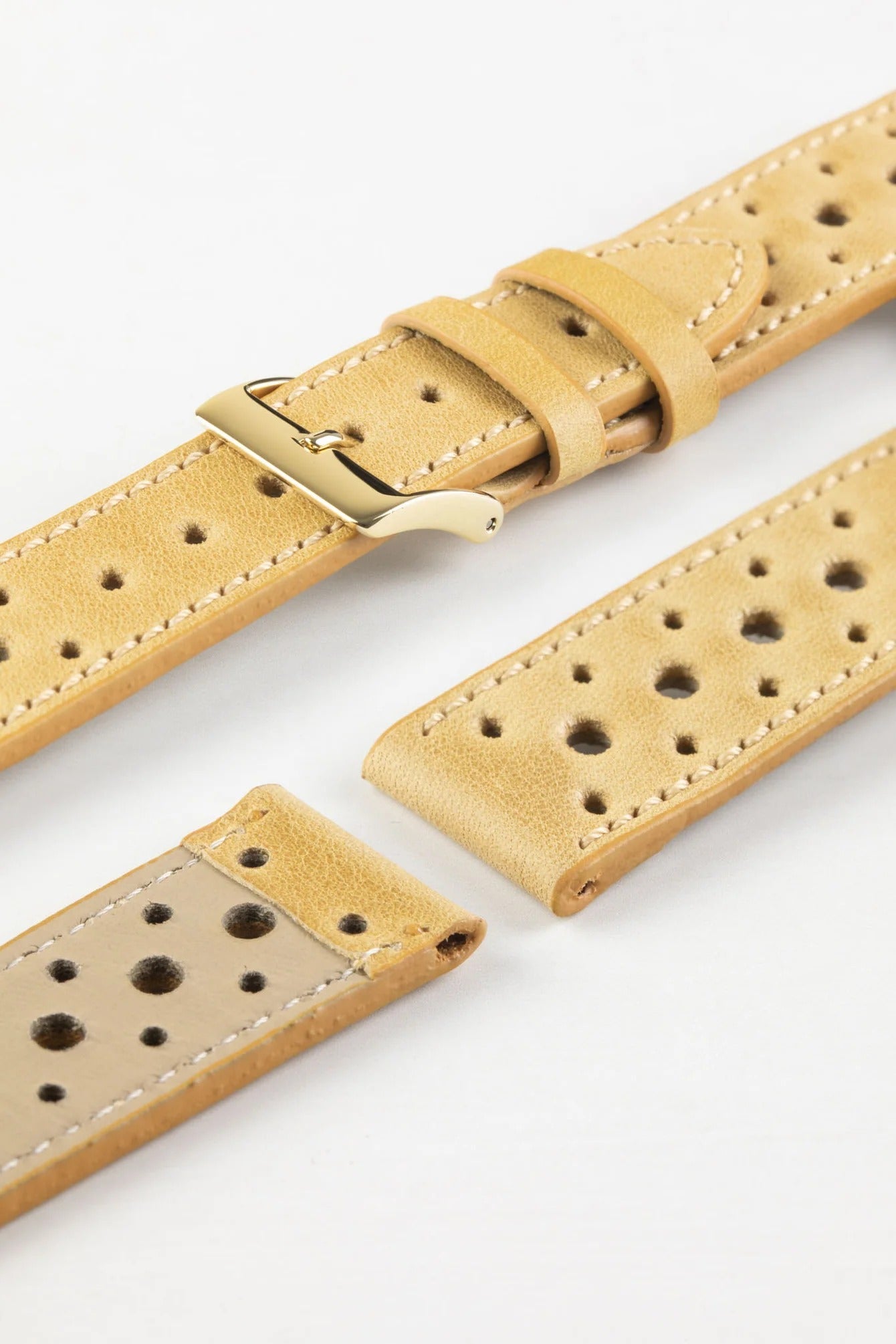 Pebro RACING Perforated Leather Watch Strap in MUSTARD