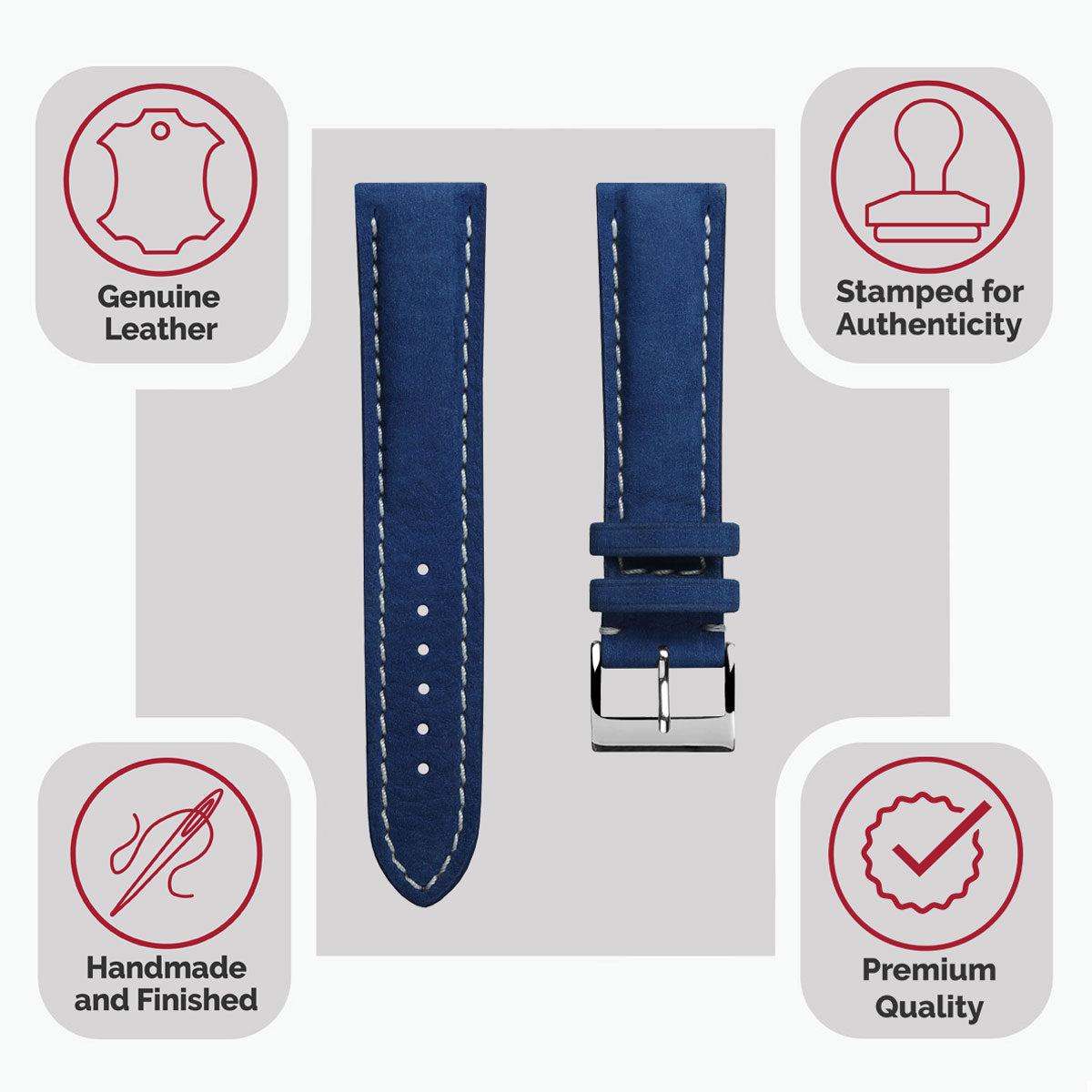 Ostend Thick Padded Leather Watch Strap - Nubuck Azure Blue