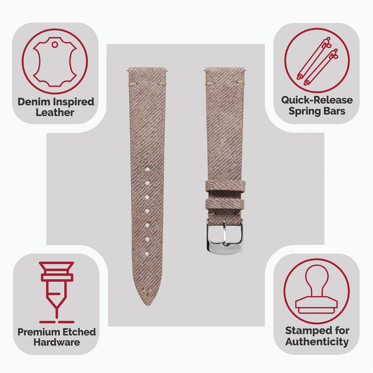 Arbour V-Stitch Denim & Genuine Leather Watch Strap with Quartz Pink Accent