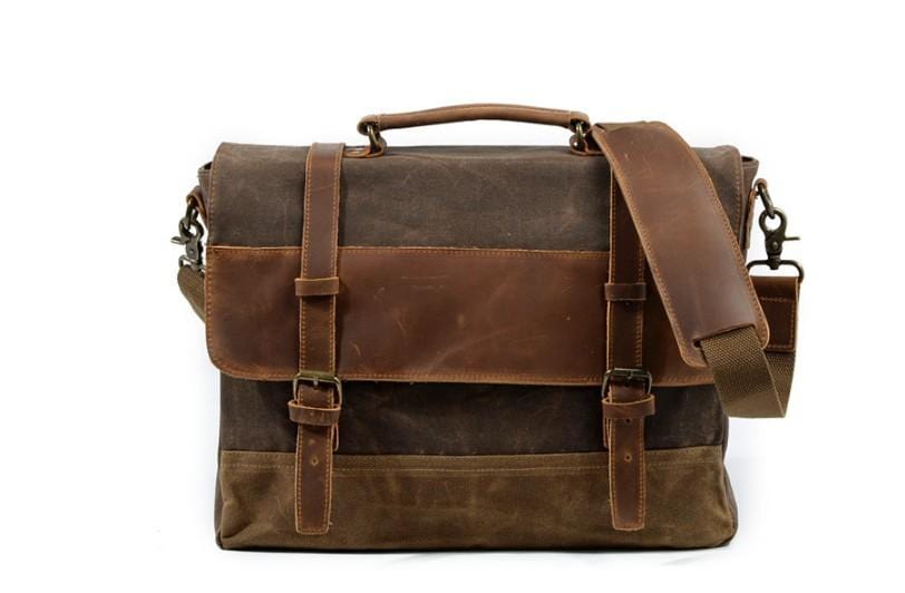 Mens Canvas Messenger Bag Leather Shoulder Briefcase