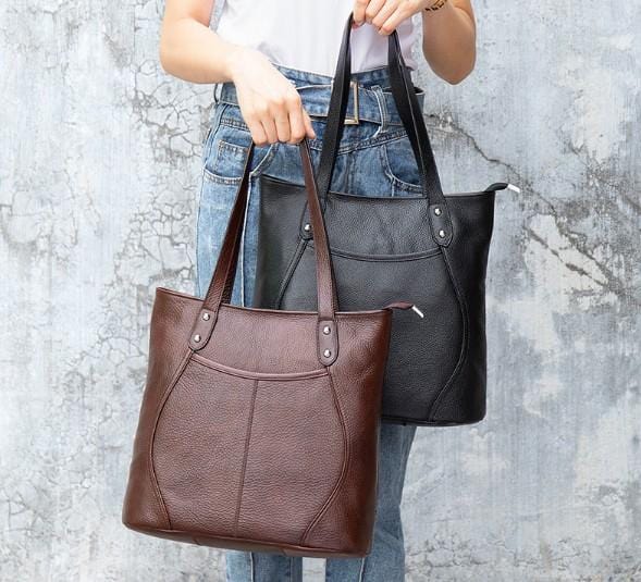 Designer Leather Tote Bag Shoulder Handbag - Brown or Black