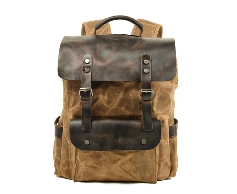 Waxed Canvas & Leather Backpack Green Brown Grey