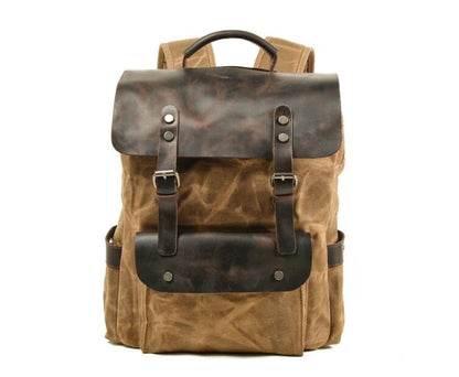 Waxed Canvas & Leather Backpack Green Brown Grey