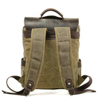 Waxed Canvas & Leather Backpack Green Brown Grey