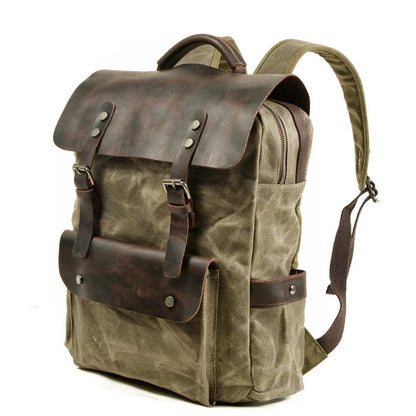 Waxed Canvas & Leather Backpack Green Brown Grey