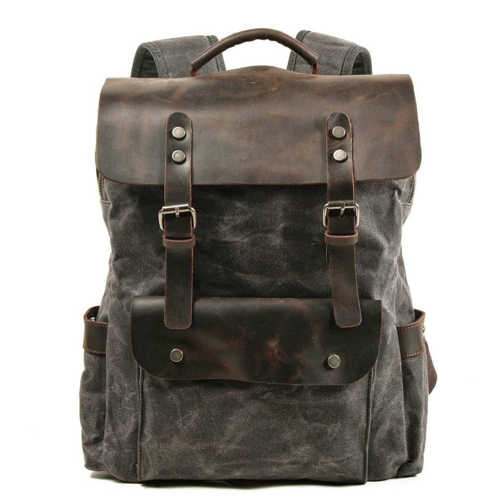 Waxed Canvas & Leather Backpack Green Brown Grey