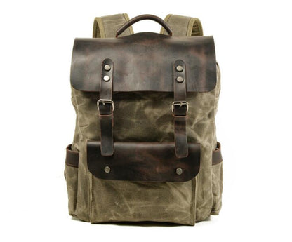 Waxed Canvas & Leather Backpack Green Brown Grey