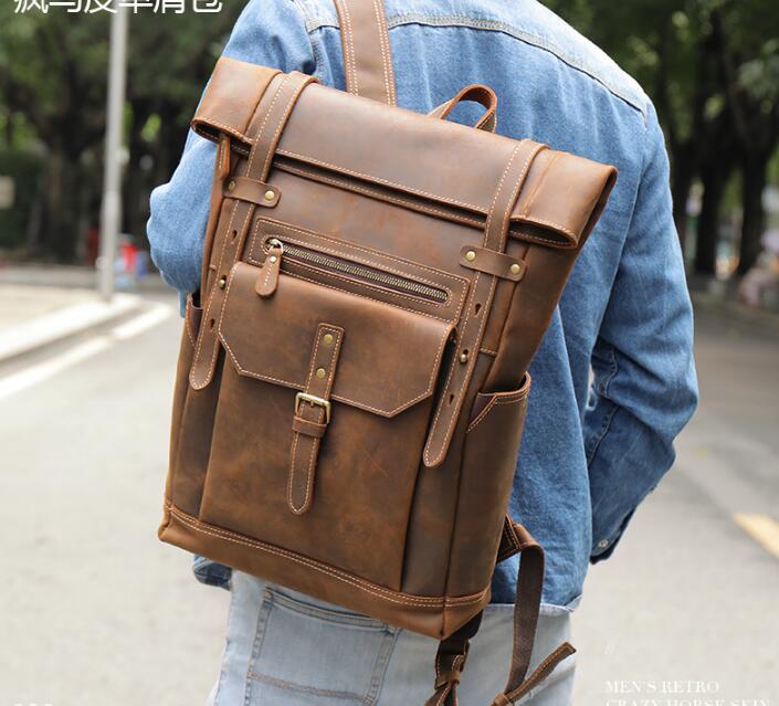 Genuine Brown Leather Backpack Purse Bag