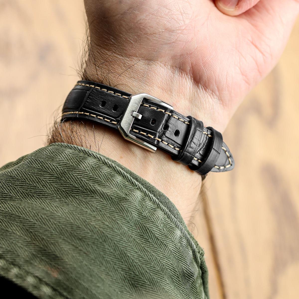 Bracelet pour montre en cuir véritable avec motif alligator Carolina - Noir Intense