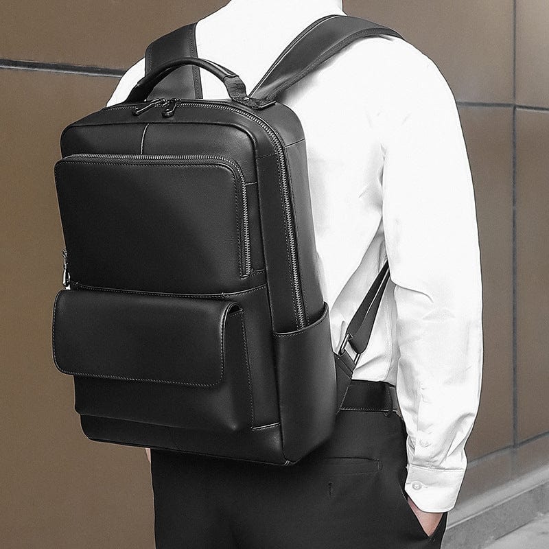 Unisex Black Leather Laptop Backpack Purse Bag