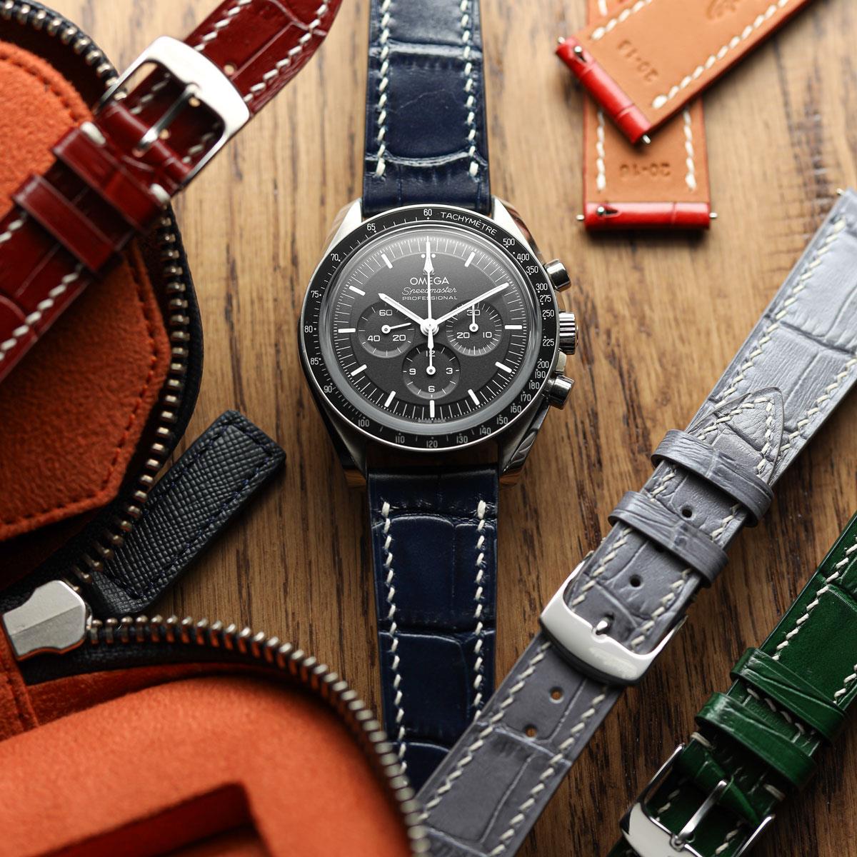 Arnem Handgefertigter Kalbsleder-Uhrenarmband mit Alligator-Design in Navy Blau