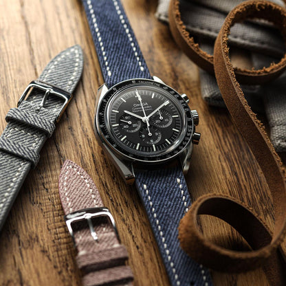 Arbour Hand-Stitched Denim and Genuine Leather Watch Strap - Elegant Navy Blue Style