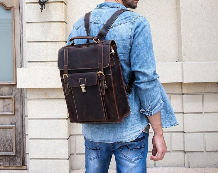 Mens Brown Leather Backpack Purse Womens Rucksack Bag