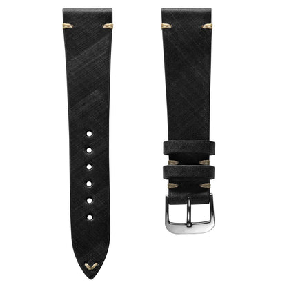 Cortez Vintage Stitching Genuine Leather Watch Strap - Black