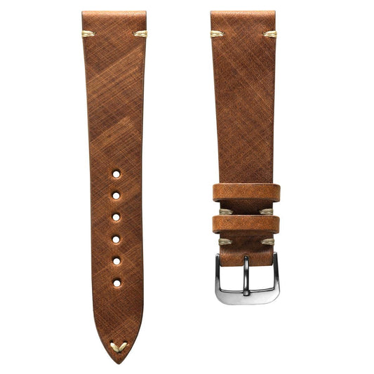 Cortez Vintage Stitching Genuine Leather Watch Strap - Cognac