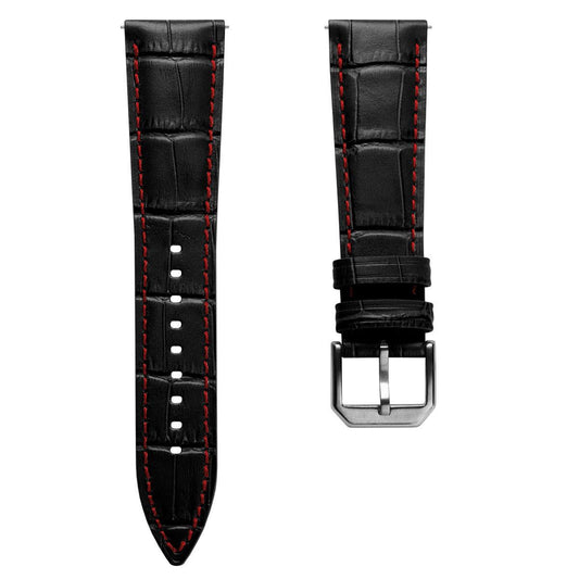 Bracelet de montre en cuir véritable avec motif alligator Carolina - Noir avec surpiqûres rouges