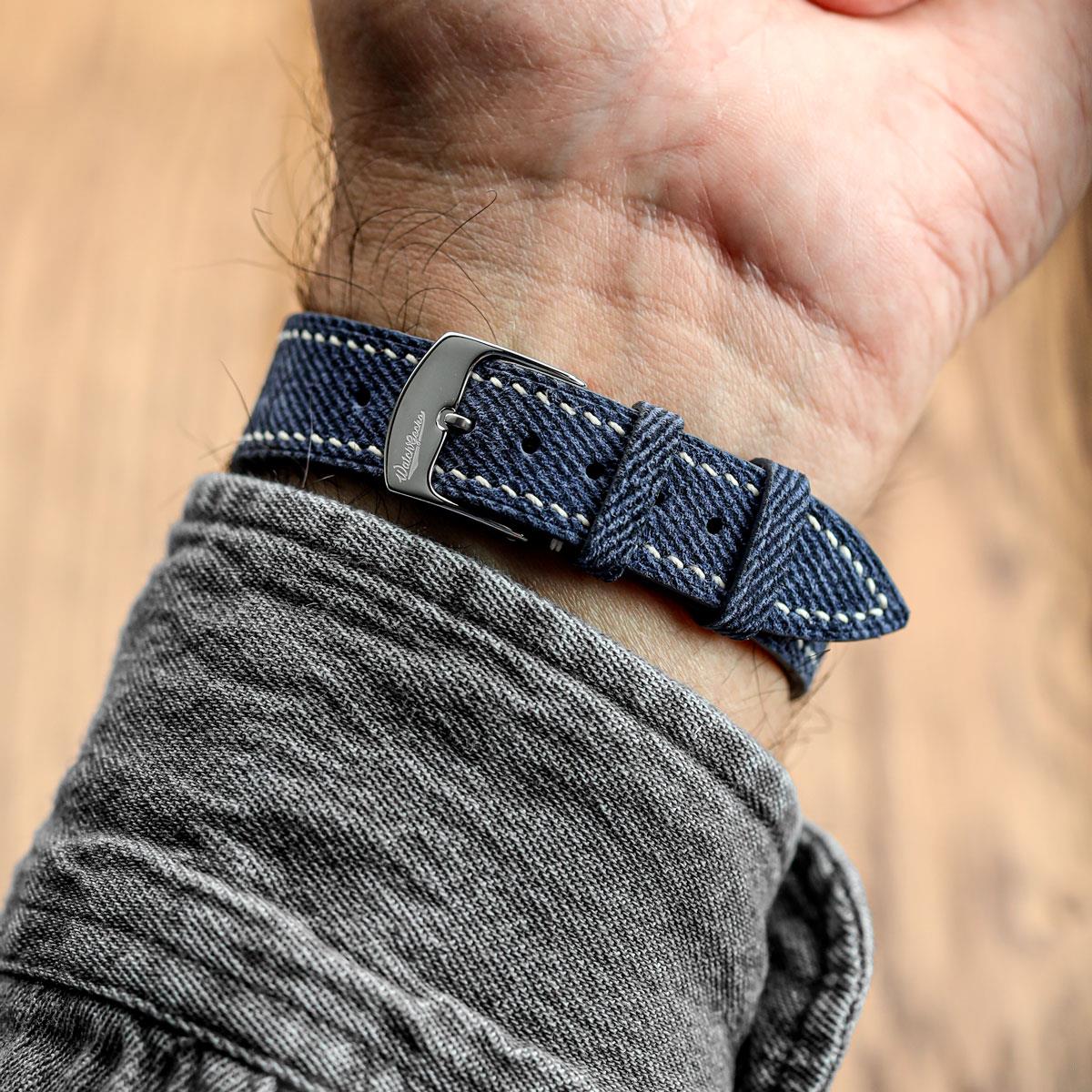 Arbour Hand-Stitched Denim and Genuine Leather Watch Strap - Elegant Navy Blue Style