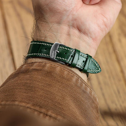 Armen Calf Leather Uhrenarmband mit Krokodilprägung in Dunkelgrün – Handgenäht