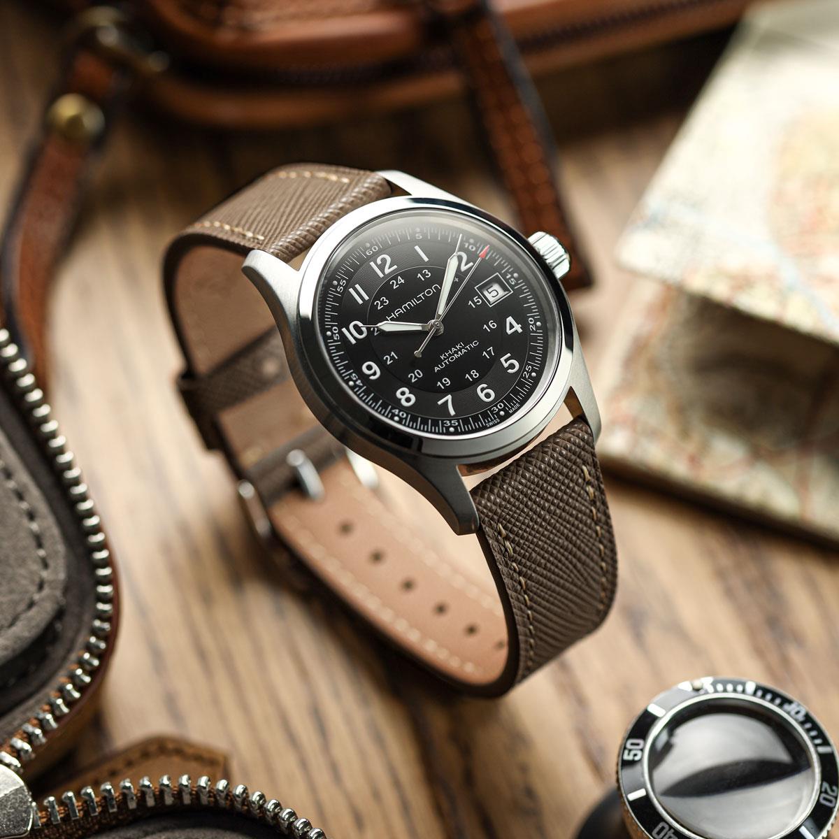 Bracelet pour montre en cuir saffiano Brixham marron élégante et durable