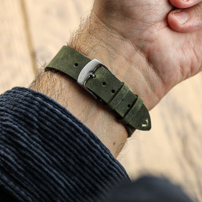 Crazy Horse V-Stitch Leather Watch Strap - Crazy Horse Olive Green