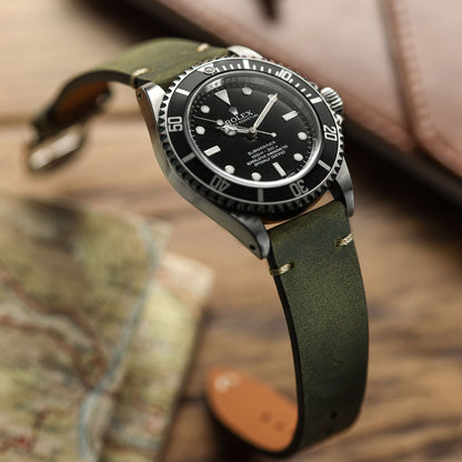 Crazy Horse V-Stitch Leather Watch Strap - Crazy Horse Olive Green