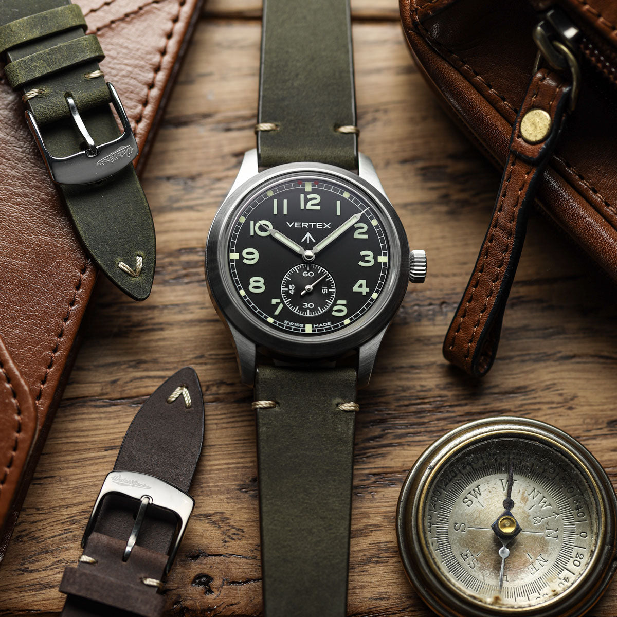 Crazy Horse V-Stitch Leather Watch Strap - Crazy Horse Olive Green