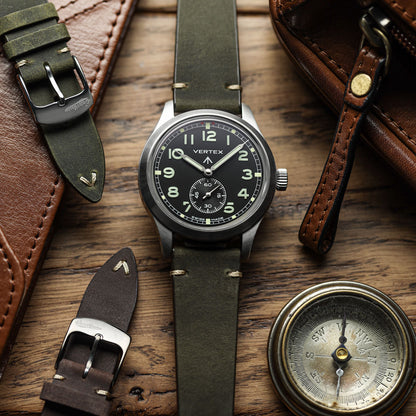 Crazy Horse V-Stitch Leather Watch Strap - Crazy Horse Olive Green