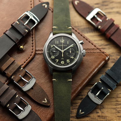 Crazy Horse V-Stitch Leather Watch Strap - Crazy Horse Olive Green