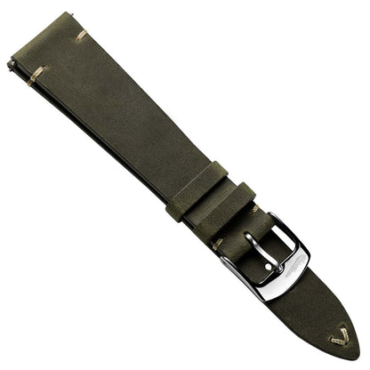 Crazy Horse V-Stitch Leather Watch Strap - Crazy Horse Olive Green