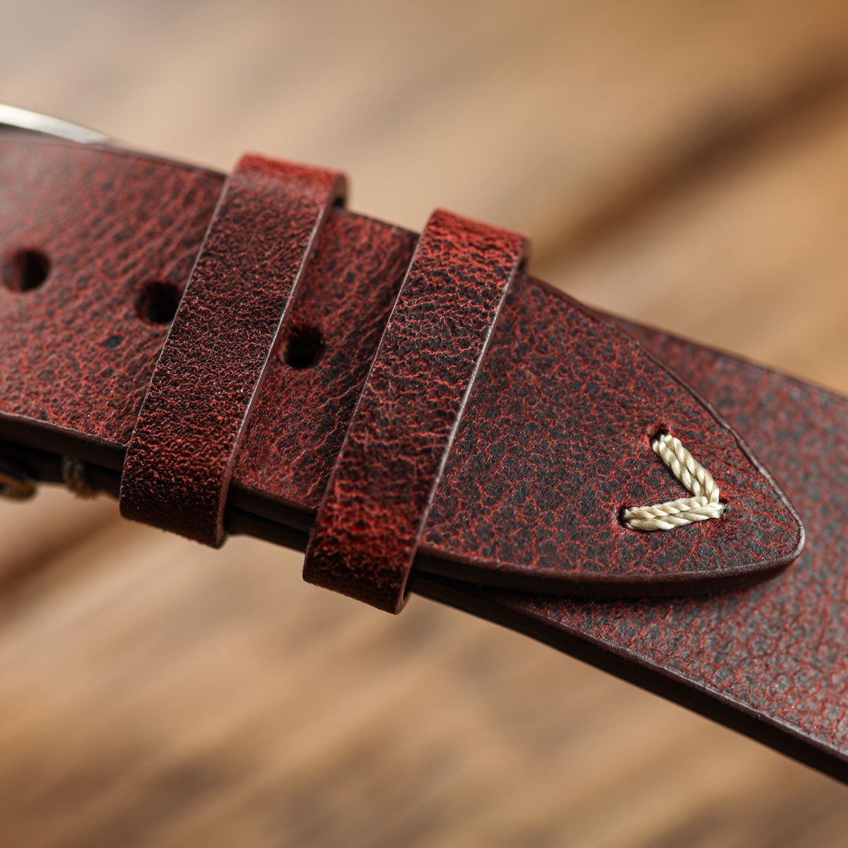Crazy Horse V-Stitch Leather Watch Strap - Crazy Horse Bordeaux