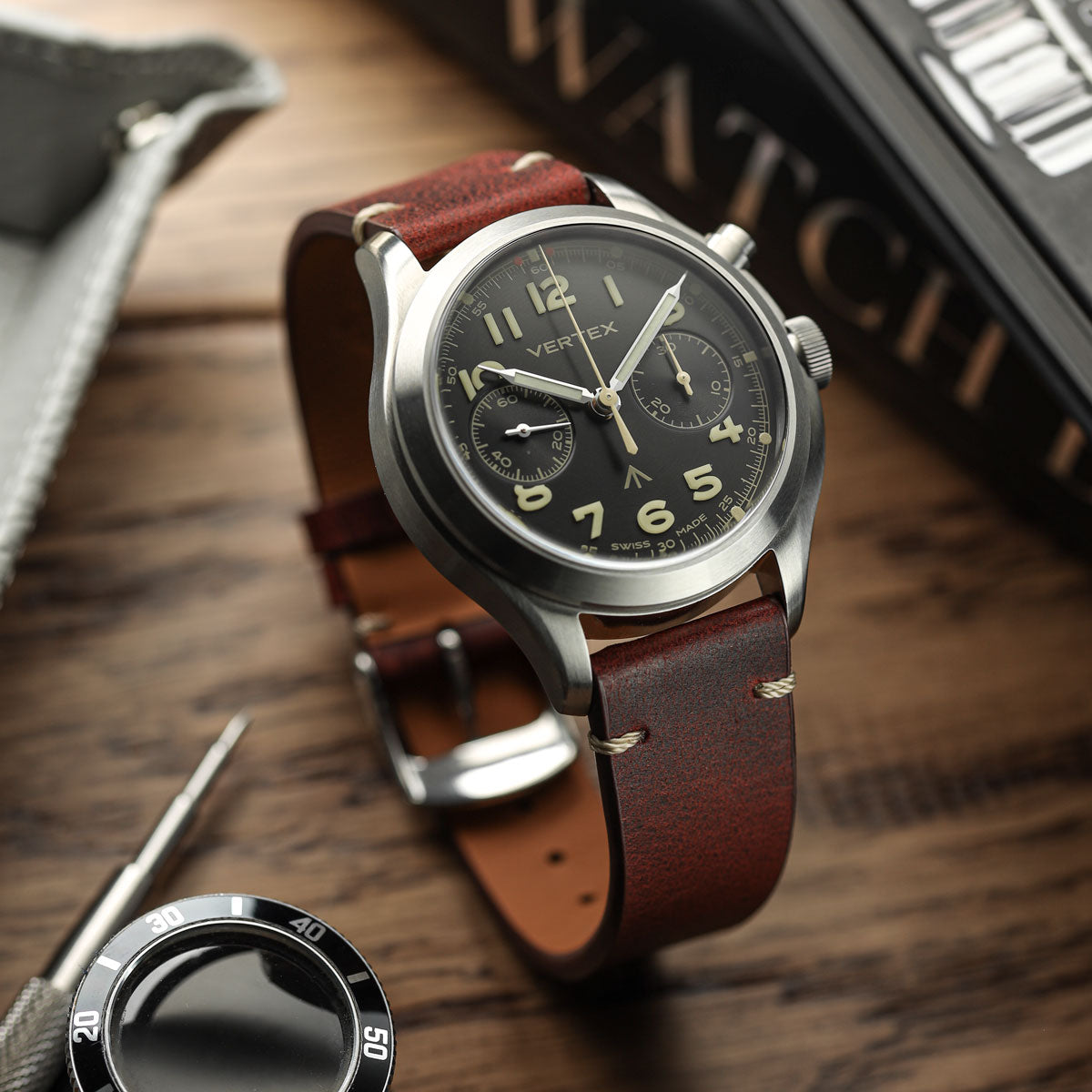 Crazy Horse V-Stitch Leather Watch Strap - Crazy Horse Bordeaux