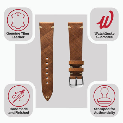 Cortez Vintage Stitching Genuine Leather Watch Strap - Cognac