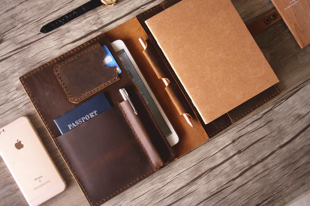 Handmade Brown Leather A5 Notebook Cover with Pen Holder
