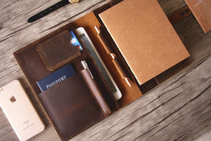 Handmade Brown Leather A5 Notebook Cover with Pen Holder