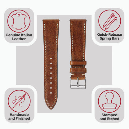 Flat Highley Genuine Leather Watch Strap - Reddish Brown