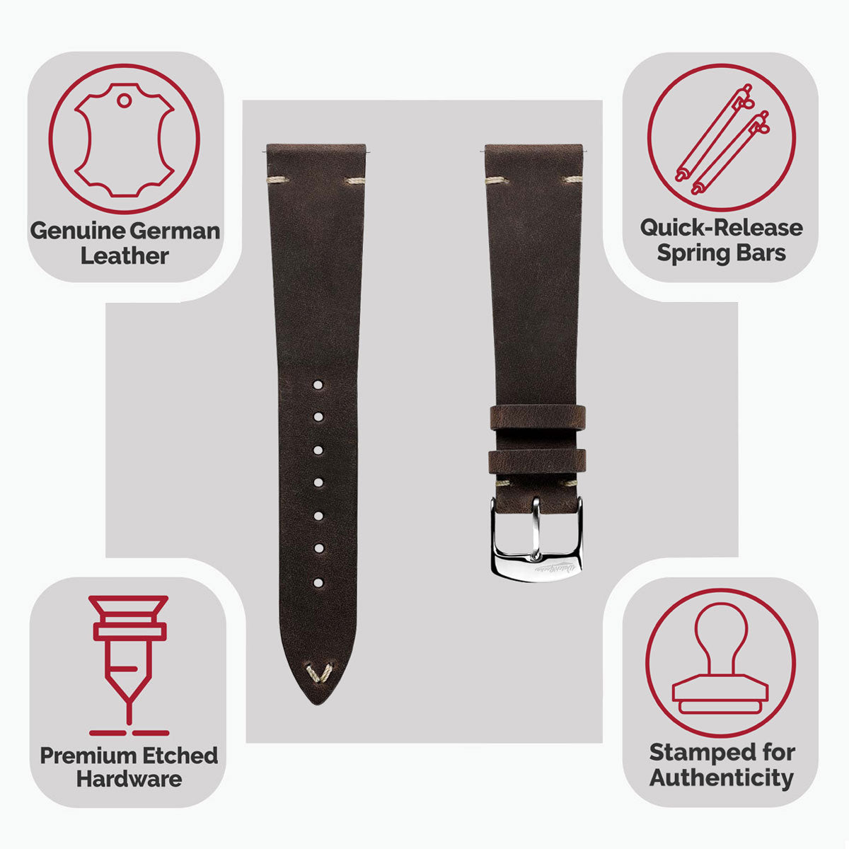 Crazy Horse V-Stitch Leather Watch Strap - Crazy Horse Dark Brown