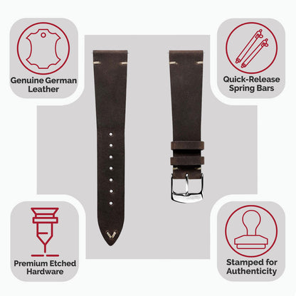 Crazy Horse V-Stitch Leather Watch Strap - Crazy Horse Dark Brown