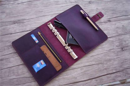Personalized Refillable Purple Leather 6 Ring Binders Notebook