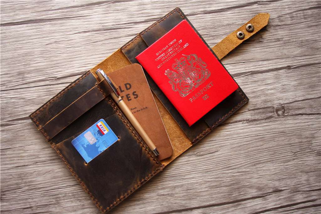 Custom Brown Leather Passport Cover Notebook Wallet