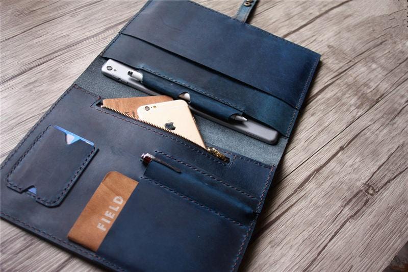 Blue Leather iPad Cover Case with Pencil Holder Personalized