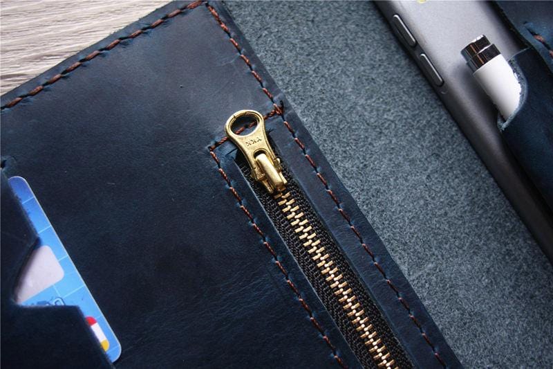 Blue Leather iPad Cover Case with Pencil Holder Personalized