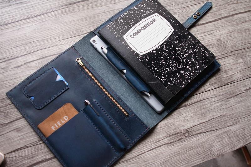 Blue Leather iPad Cover Case with Pencil Holder Personalized