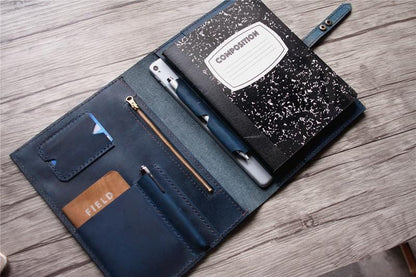 Blue Leather iPad Cover Case with Pencil Holder Personalized