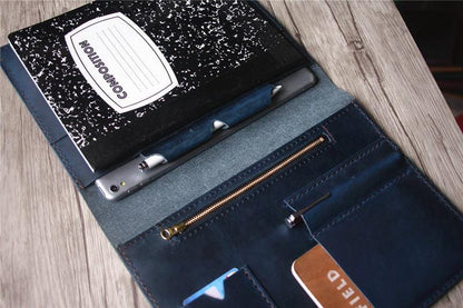 Zippered Leather Portfolio Distressed Blue