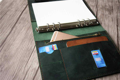Custom Dark Green Leather Refillable Binder Journal